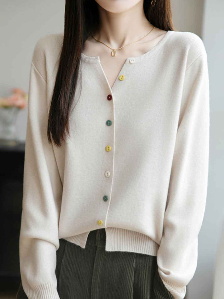 Andrea Classic Crew Neck Colorful Buttons Solid Color Knitted Cardigan