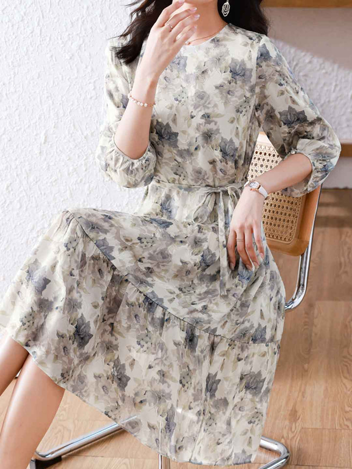 Sophia Elegant Crew Neck Printed Chiffon Dress