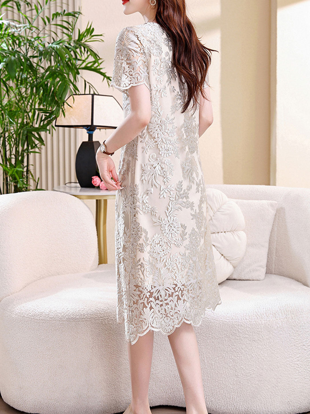 Emily Loose Crew Neck Embroidered Hollowed Dress