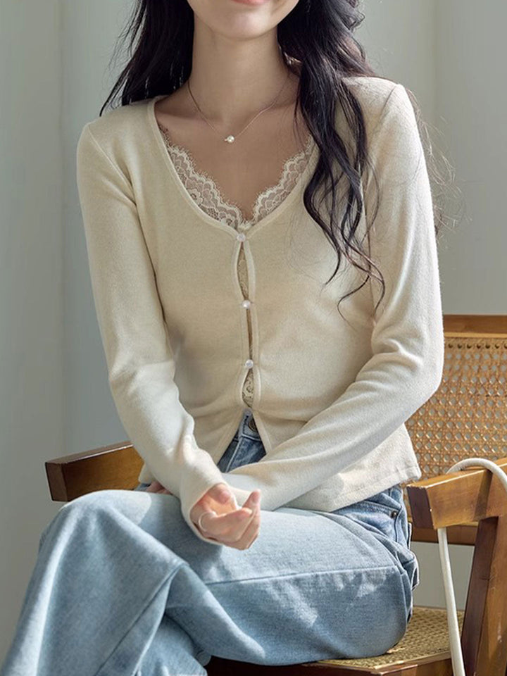 Chloe Slim V-Neck Solid Color Lace Top