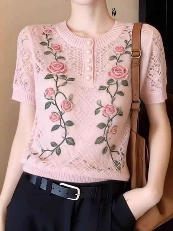 Aubrey Daily Crew Neck Rose Printed Knited Top