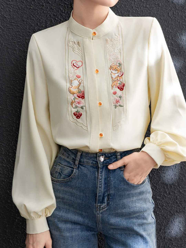 Victoria Classic Stand Collar Lantern Sleeve Embroidered Top