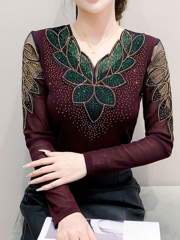 Evelyn Slim V-Neck Mesh Lace Rhinestone Top