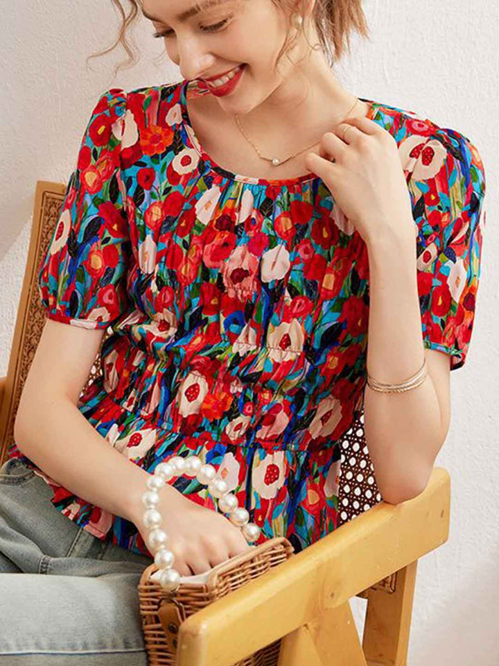 Ava Vacation Crew Neck Puff Sleeve Floral Printed Top