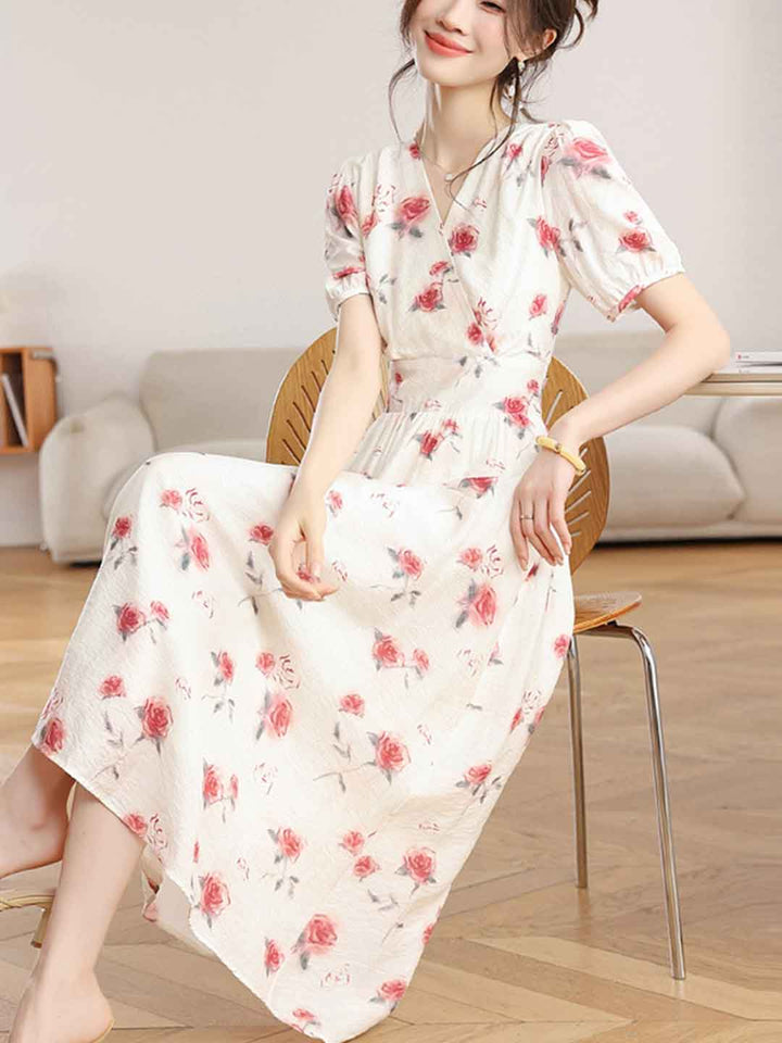 Mia Vacation V-Neck Puff Sleeve Floral Dress