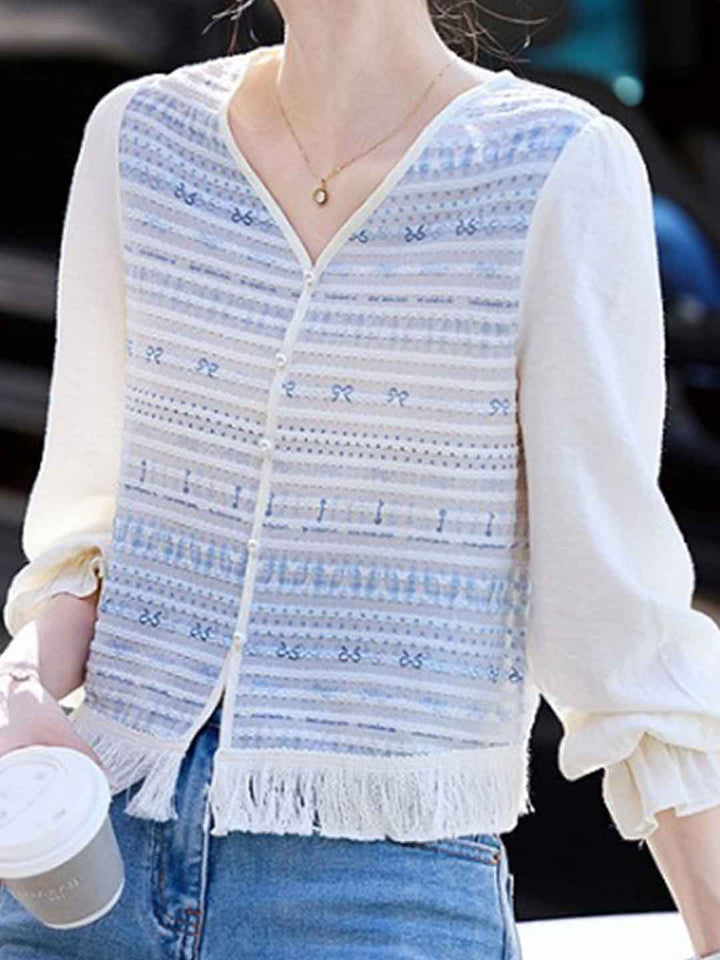 Mariah Loose V-Neck Hollowed Embroidered Chiffon Top