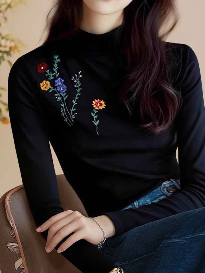 Lily Slim Turtleneck Embroidered Knitted Top