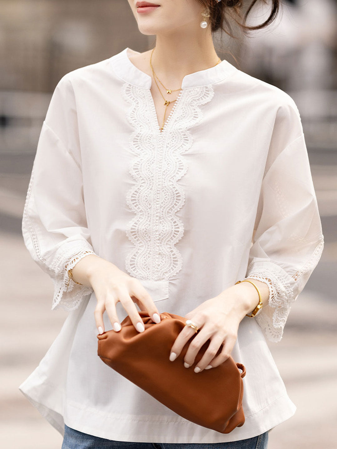 Emily Loose V-Neck Lace Trimmed Top
