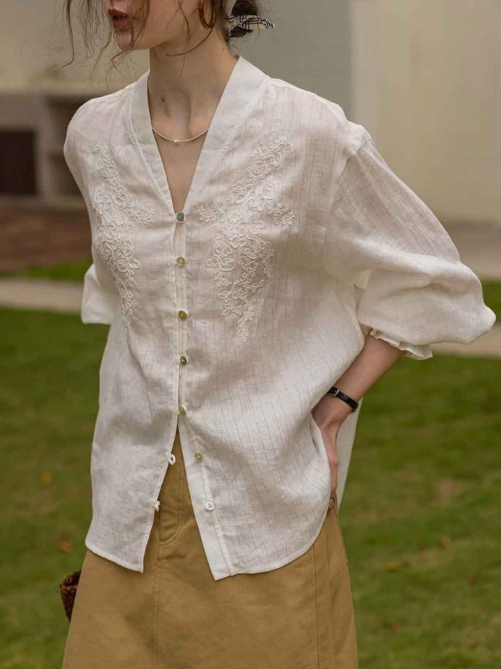Zoe Loose V-Neck Jacquard Textured Shirt