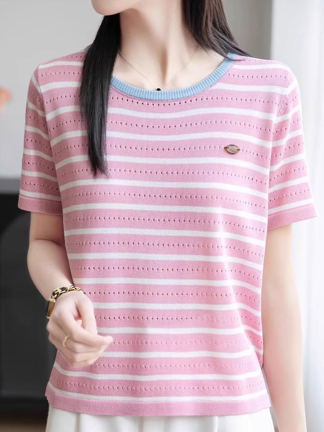 Rachel Casual Crew Neck Striped Knitted Top