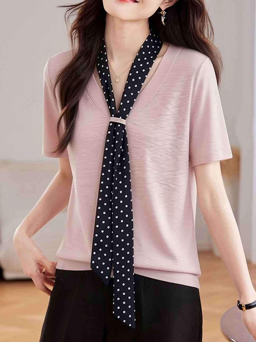 Leah Daily V-Neck Polka Dot Ribbon Top