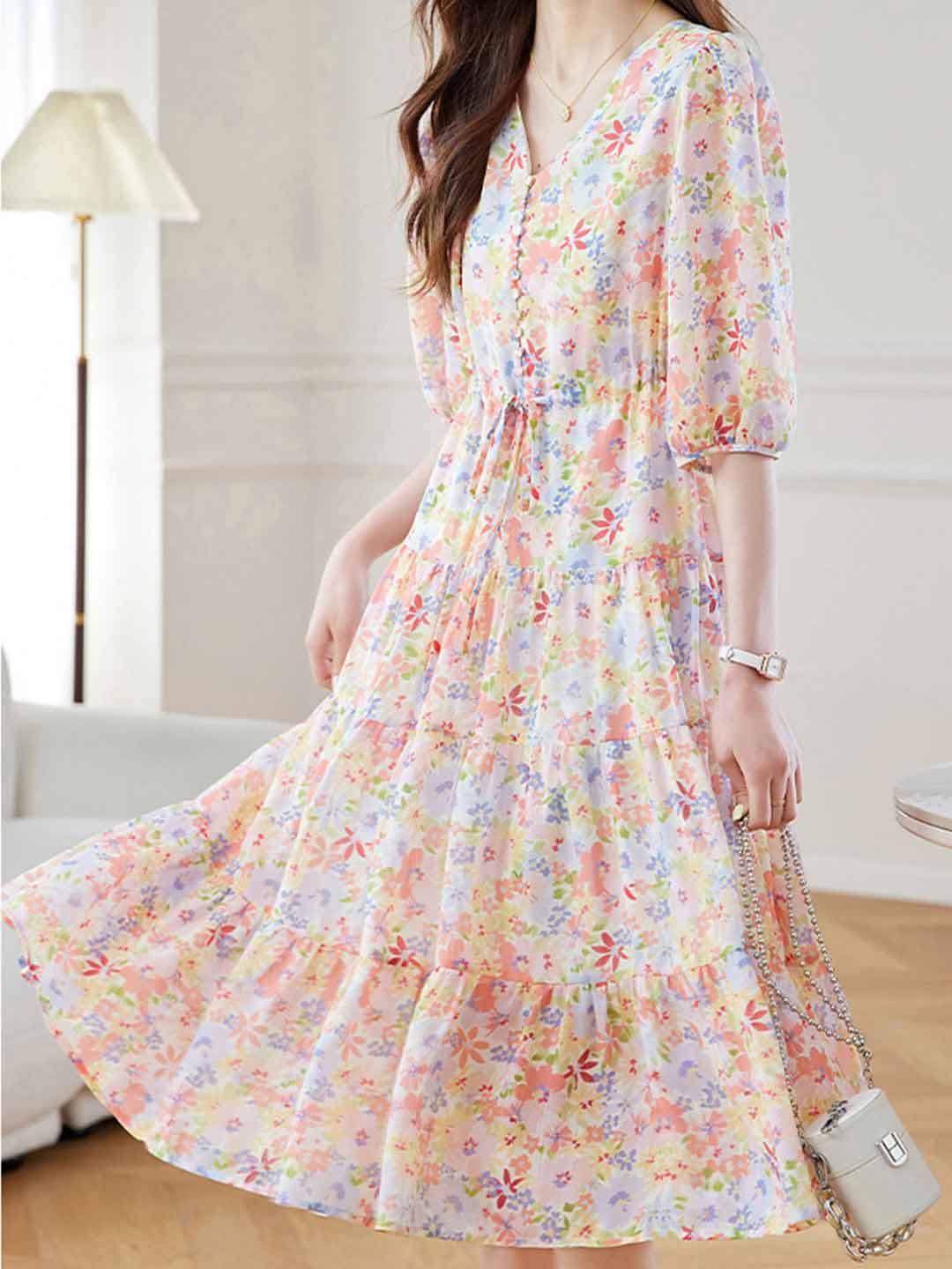 Anna Elegant V-Neck Waisted Floral Dress