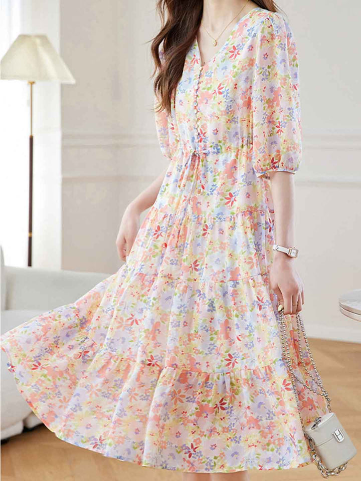 Anna Elegant V-Neck Waisted Floral Dress