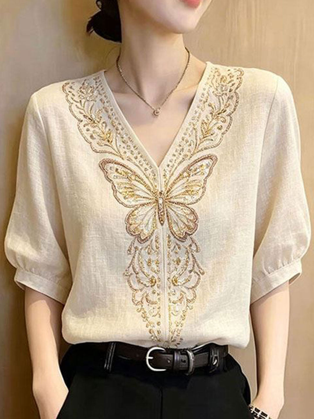 Anna Retro V-neck Embroidered Top