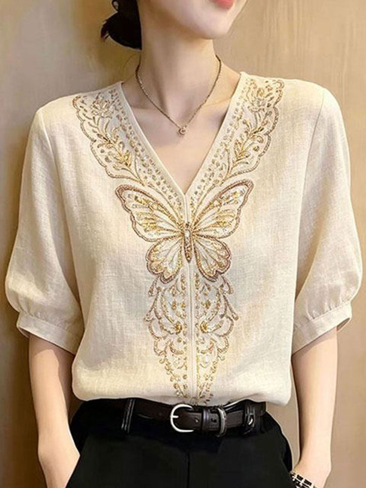 Anna Retro V-neck Embroidered Top