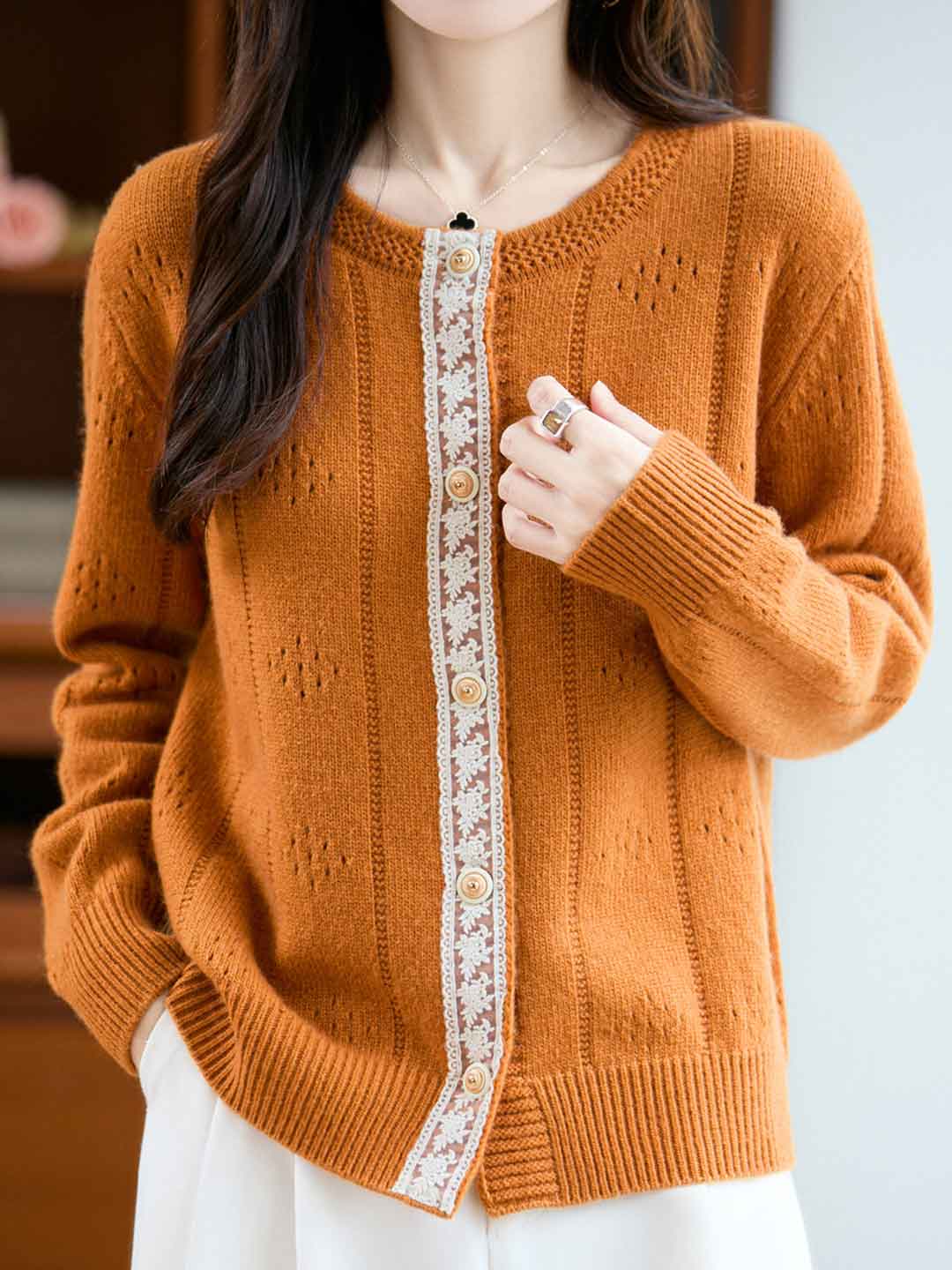 Julia Loose Crew Neck Solid Color Lace Knitted Cardigan