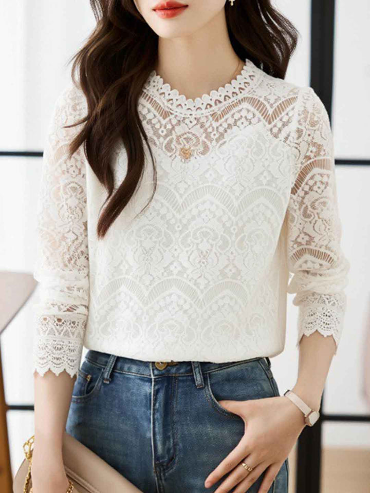 Sarah Classic Crew Neck Lace Mesh Top