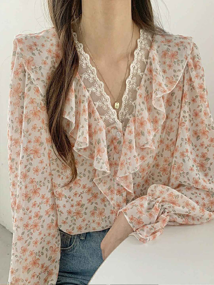 Lillian Loose V-Neck Ruffle Trim Chiffon Top