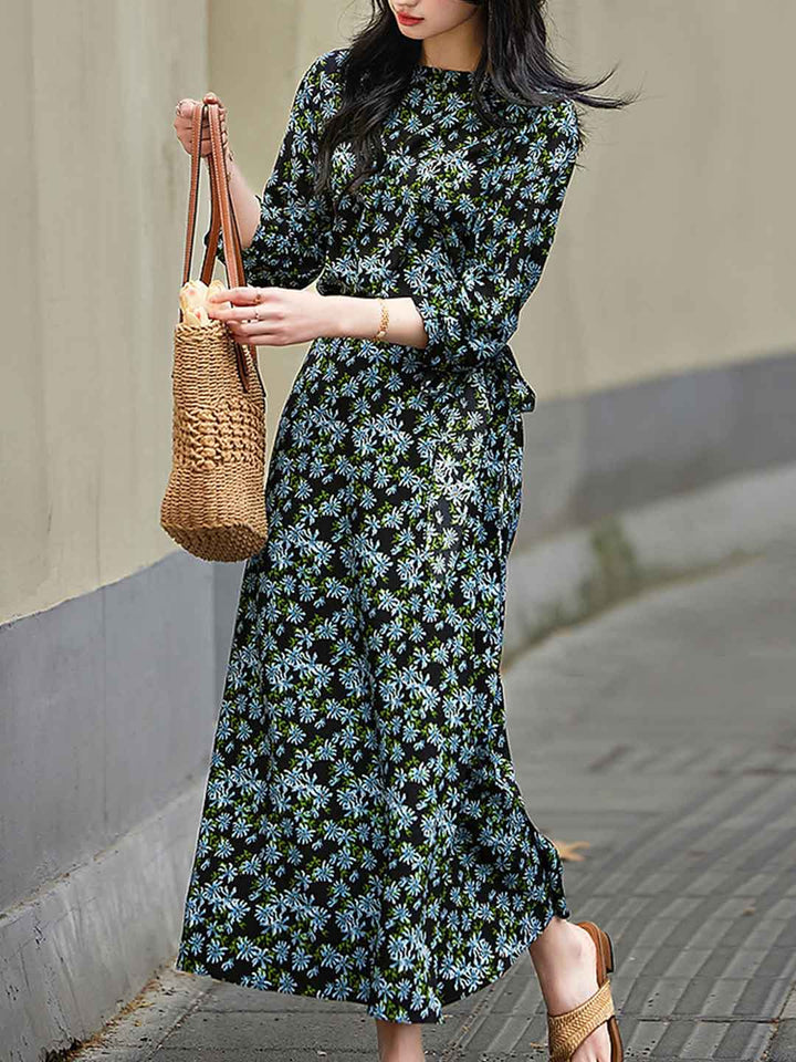 Ella Elegant Boat Neck Waist Floral Dress