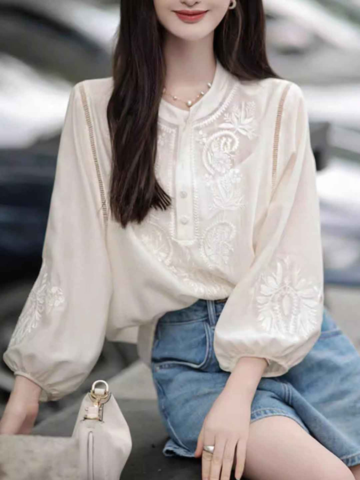 Emma Retro Crew Neck Embroidered Top