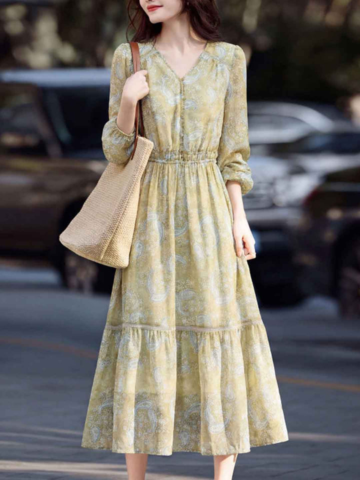 Julia Retro V-Neck Printed Elastic Waist Dress