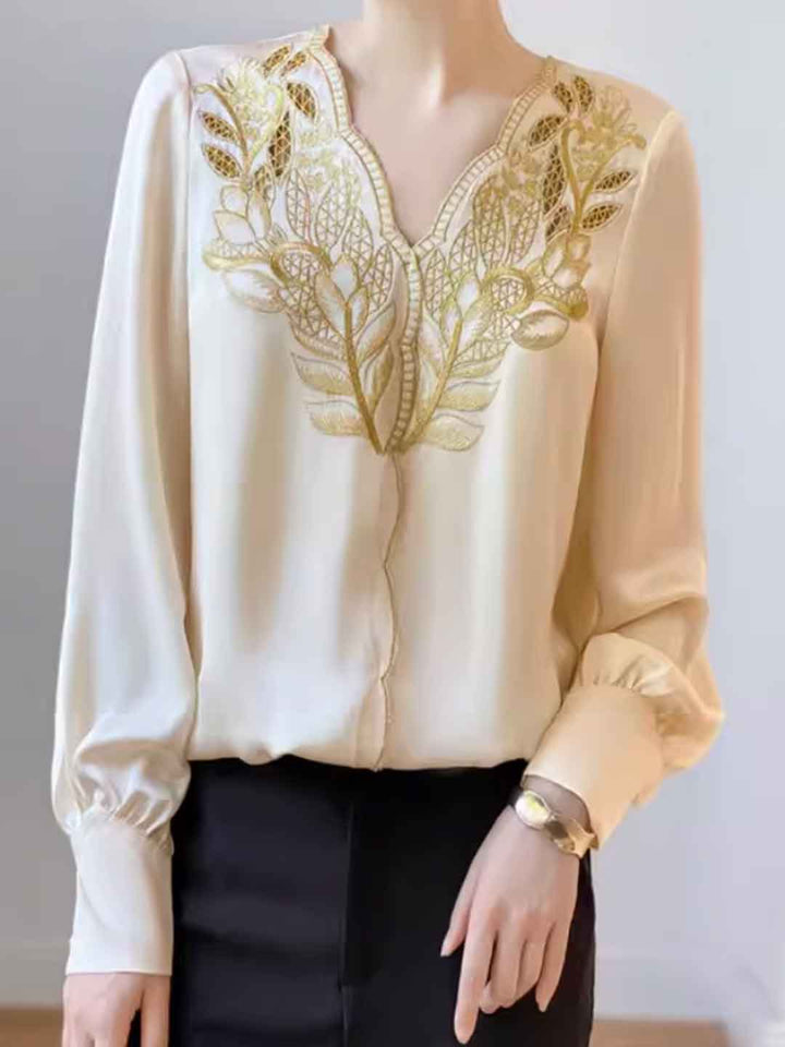 Zoey Loose V-Neck Embroidered Hollowed Blouse