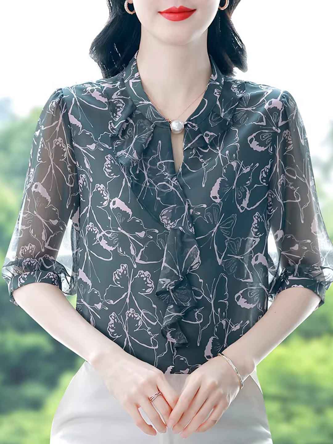 Taylor Loose Ruffle Printed Chiffon Top