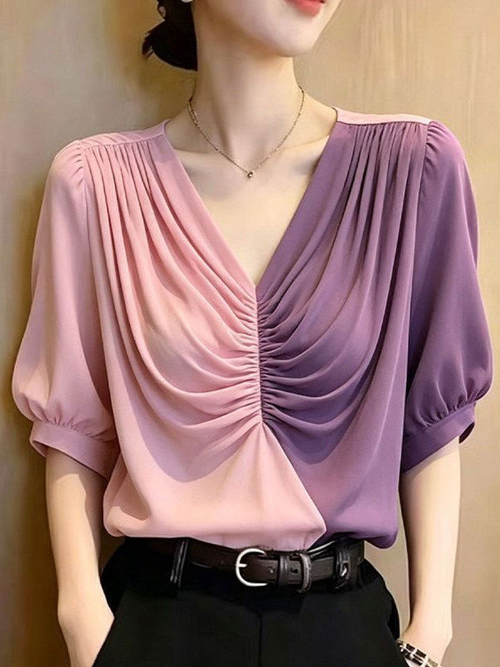 Lillian Casual V-Neck Patchwork Top
