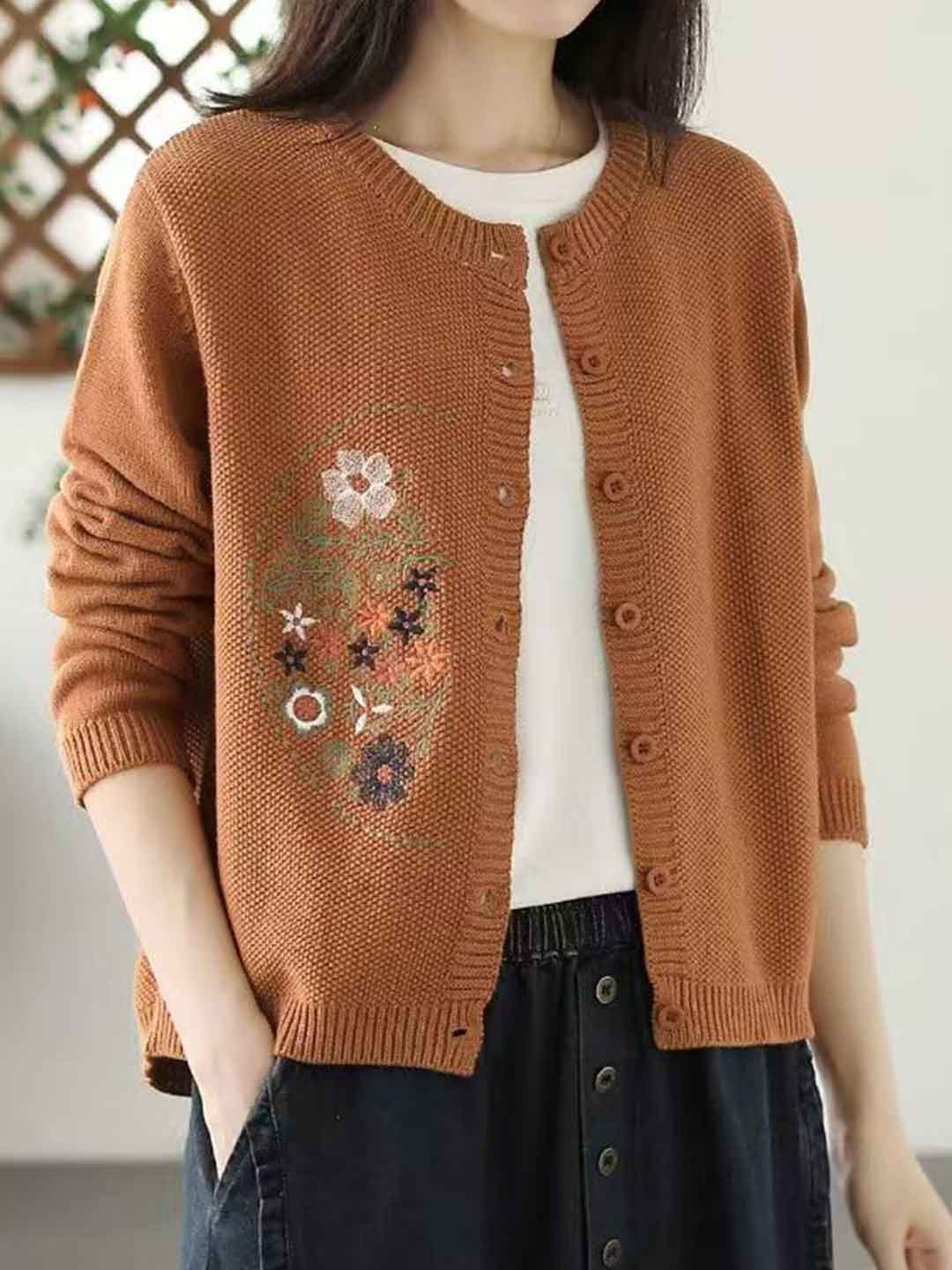Anna Classic Crew Neck Embroidered Knitted Cardigan