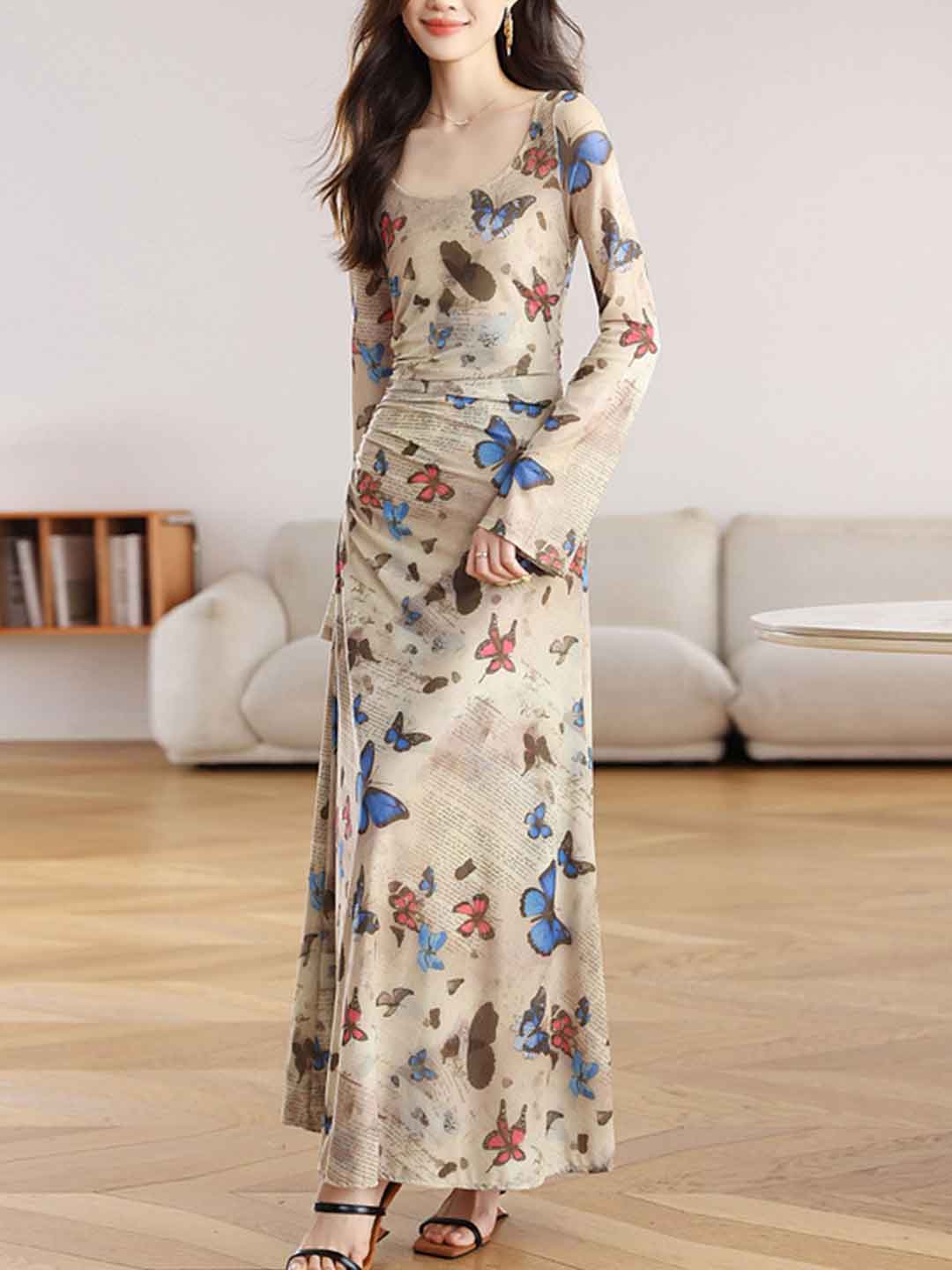 Addison Slim U-neck Butterfly Printed Pleated Dress