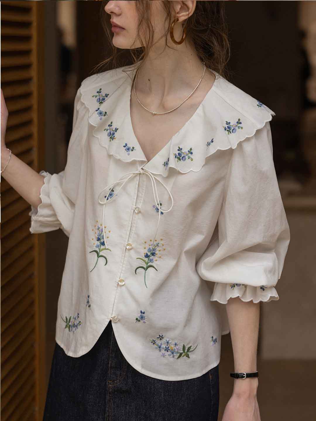 Brianna Vacation Ruffled Collar Embroidered Top