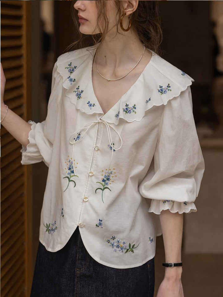 Brianna Vacation Ruffled Collar Embroidered Top