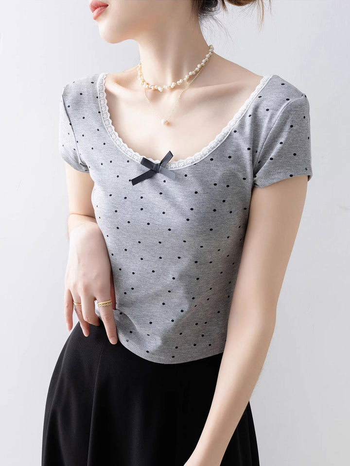 Molly Classic Square Neck Polka Dot Lace Bow Top