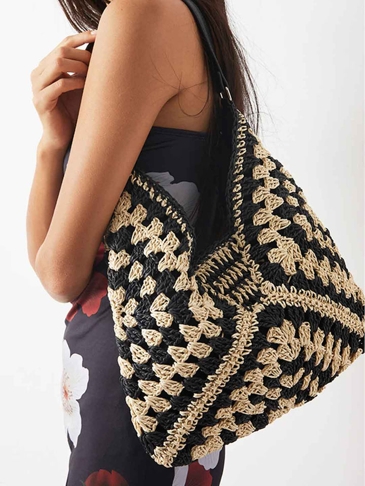 Hollow Color-Blocked Woven Bag