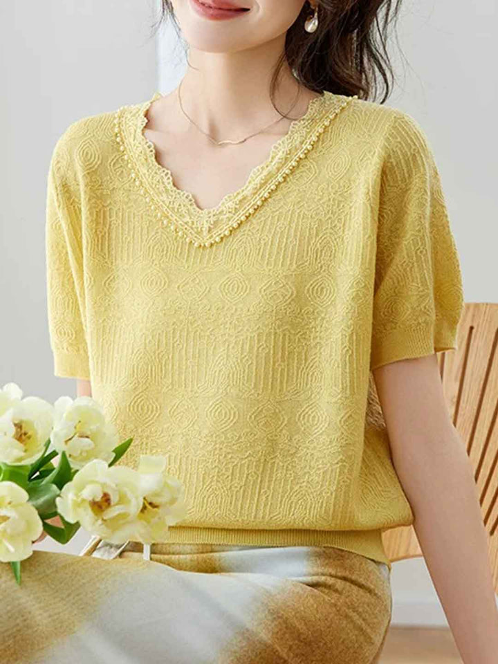 Abigail Classic V-Neck Lace Jacquard Knitted Top