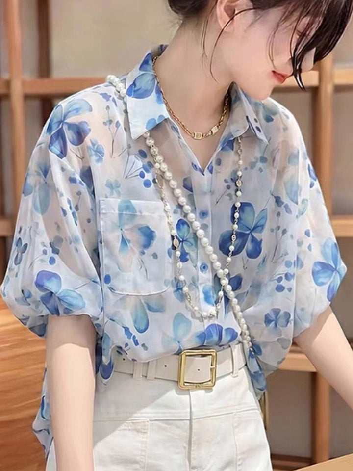 Taylor Cute Lapel Floral Chiffon Blouse
