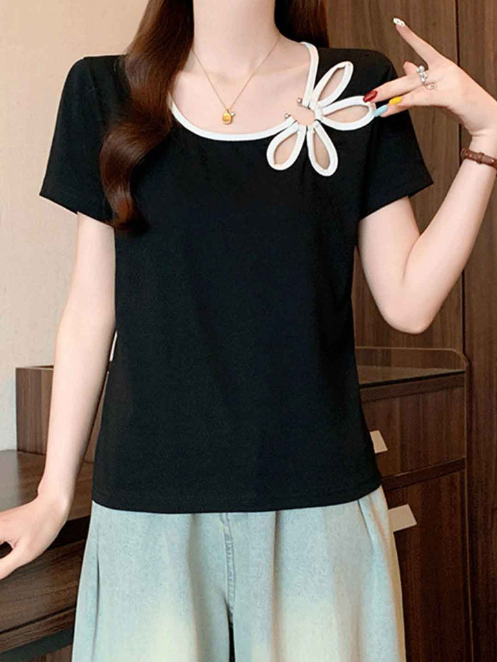 Khloe Slim Crew Neck Hollowed Flower Top