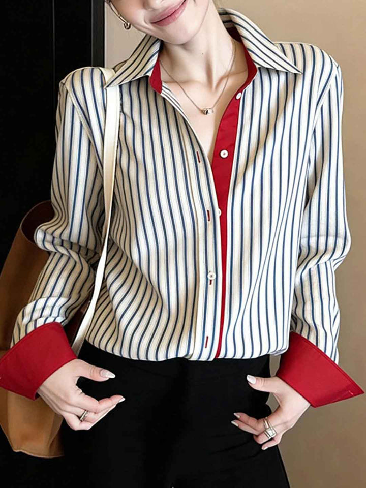 Emma Daily Polo Collar Striped Color-Blocked Shirt