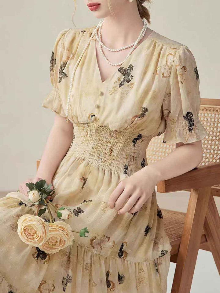 Mia Sweet V-Neck Puff Sleeve Chiffon Floral Dress