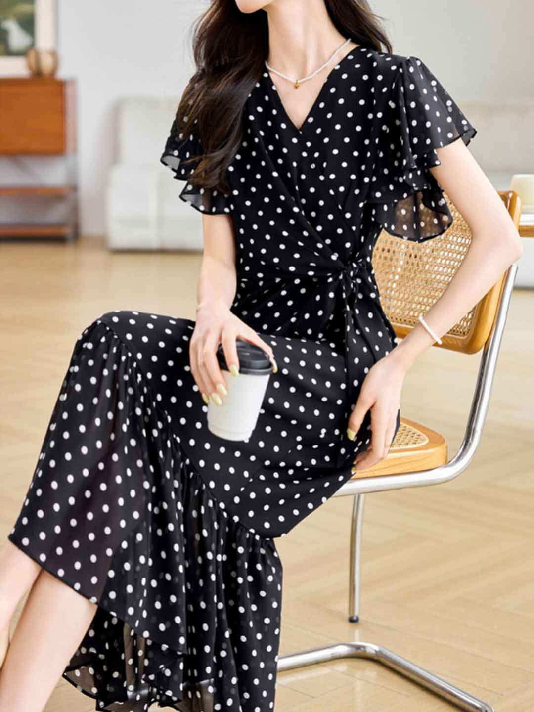 Grace Daily V-Neck Polka Dot Fishtail Chiffon Dress