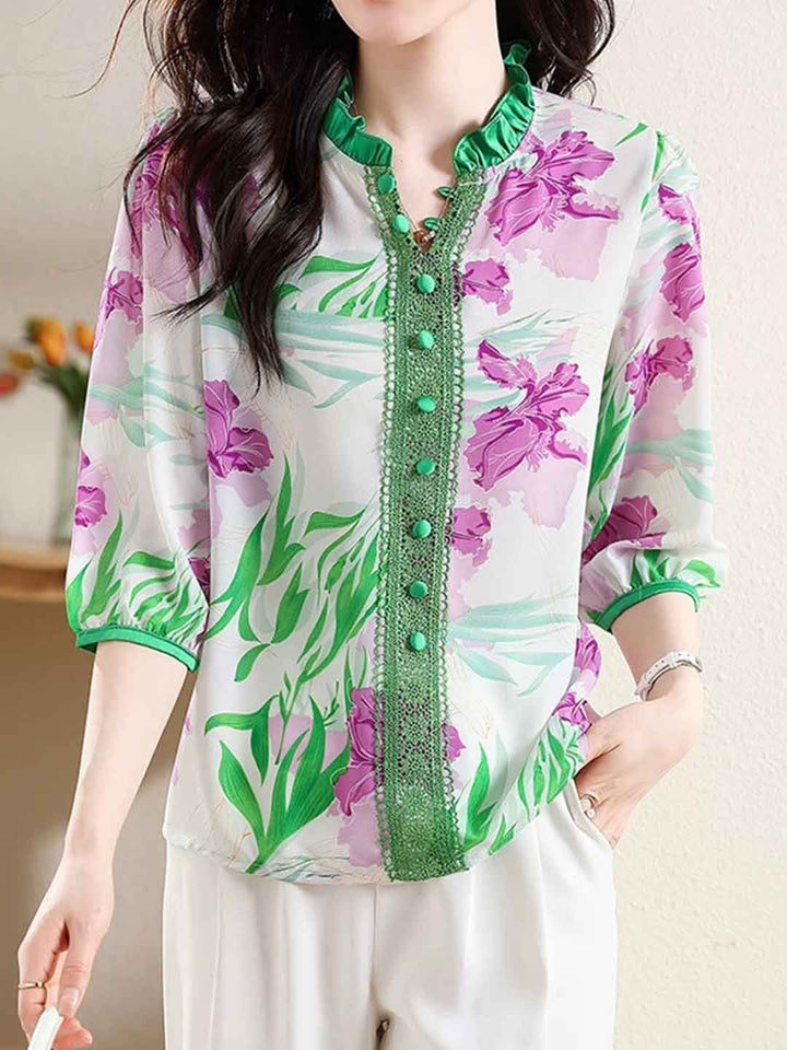 Ava Loose V-Neck Floral Chiffon Blouse