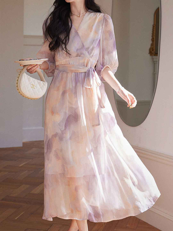 Abigail Classic V-Neck Floral Printed Tie Dress
