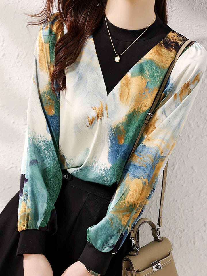 Brianna Casual Crew Neck Lantern Sleeve Patchwork Shirt