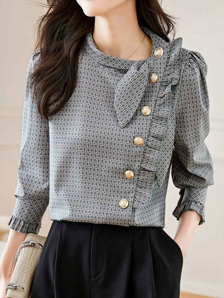 Brianna Chic Doll Collar Puff Sleeve Plaid Shirt