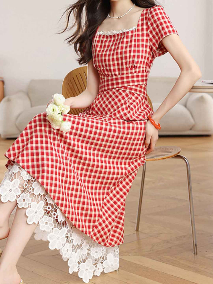 Riley Retro Square Neck Plaid Dress