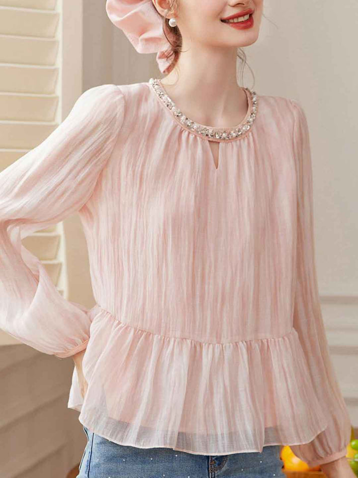 Kayla Retro Crew Neck Ruffled Textured Top