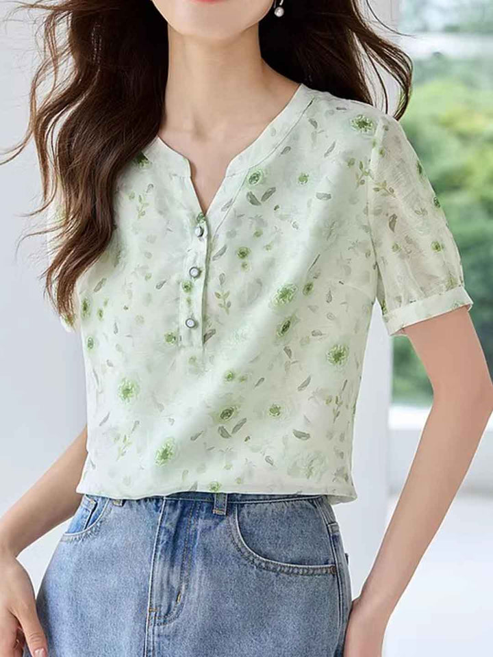 Madison Casual Puff Sleeve Floral Chiffon Blouse