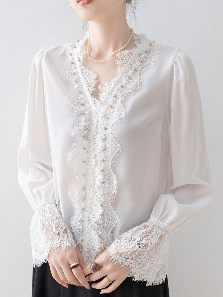 Lily Elegant V-Neck Lace Trimmed Blouse