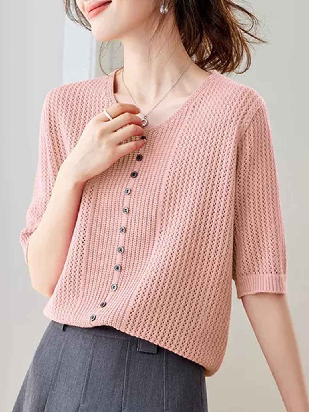 Emma Casual V-Neck Hollowed Knitted Top