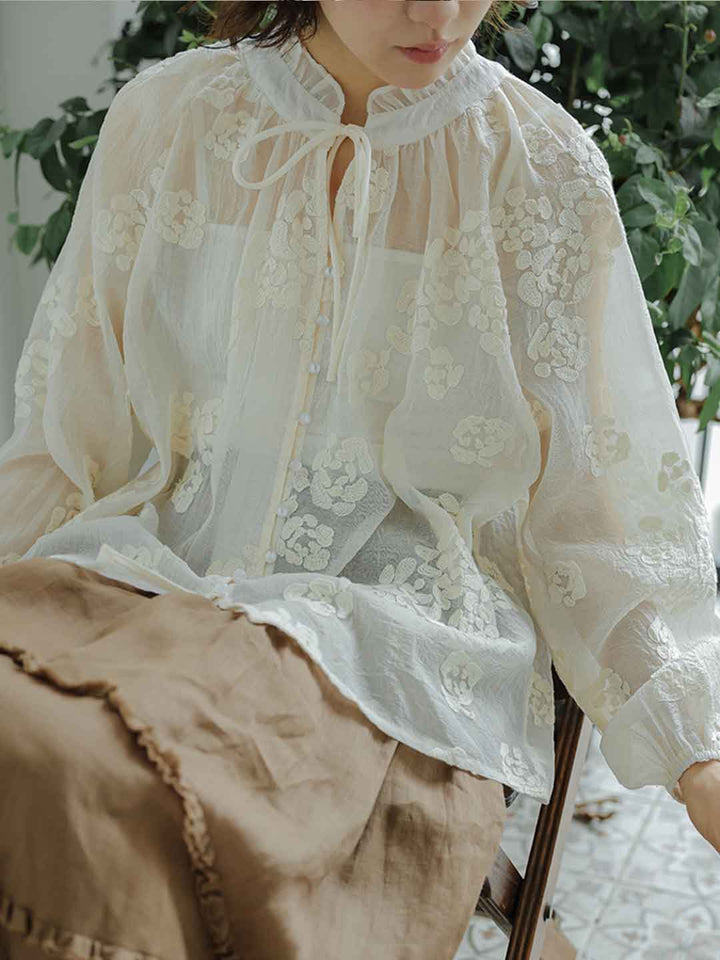 Maria Classic Crew Neck Hollowed Embroidered Lace Shirt